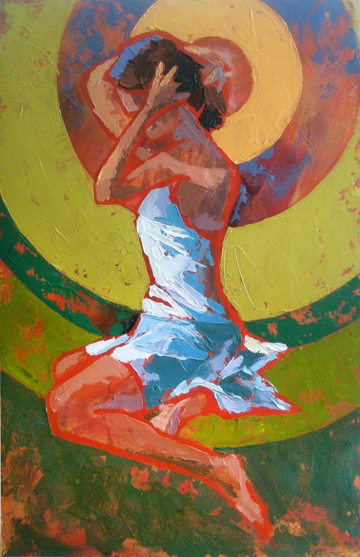 Paul Norwood Figurative Painting - "Bathing" impasto painting of woman with orange, red and green background