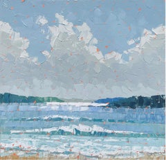 "Bay Blues" Le onde si infrangono sulla riva sotto un cielo di nuvole, paesaggio marino a impasto