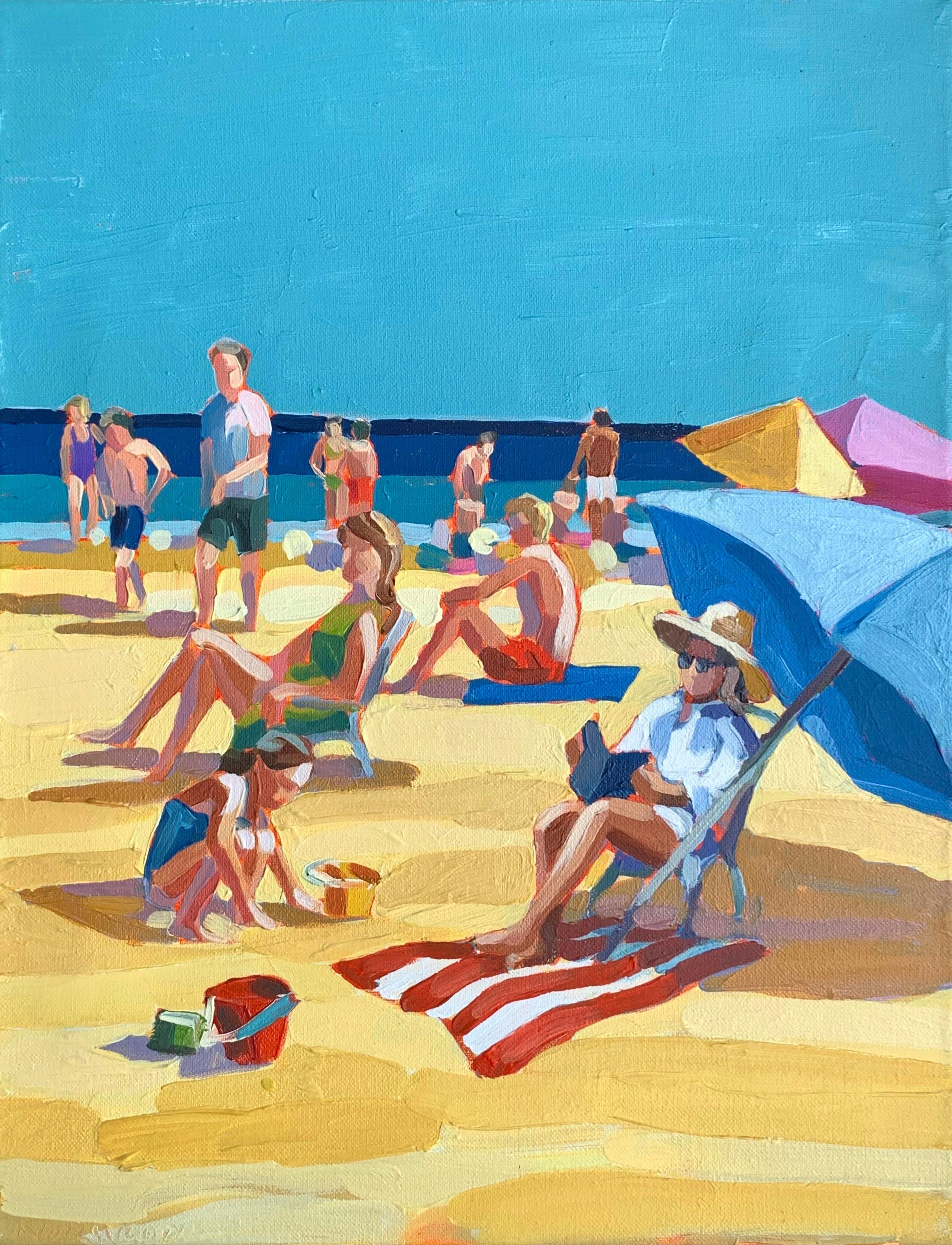 Paul Norwood Figurative Painting - "Beach Read" acrylic painting of colorful beach scene with blue sky