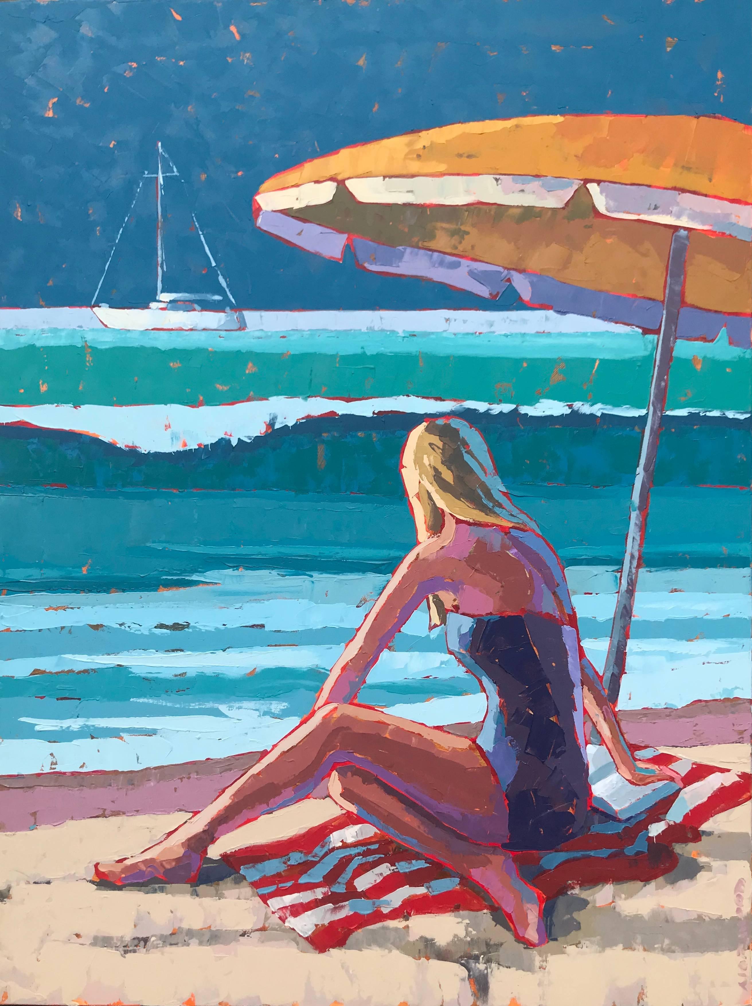Paul Norwood Figurative Painting - "Beach Read" Painterly Impasto Bright Blue Turquoise Yellow Red Woman on Towel