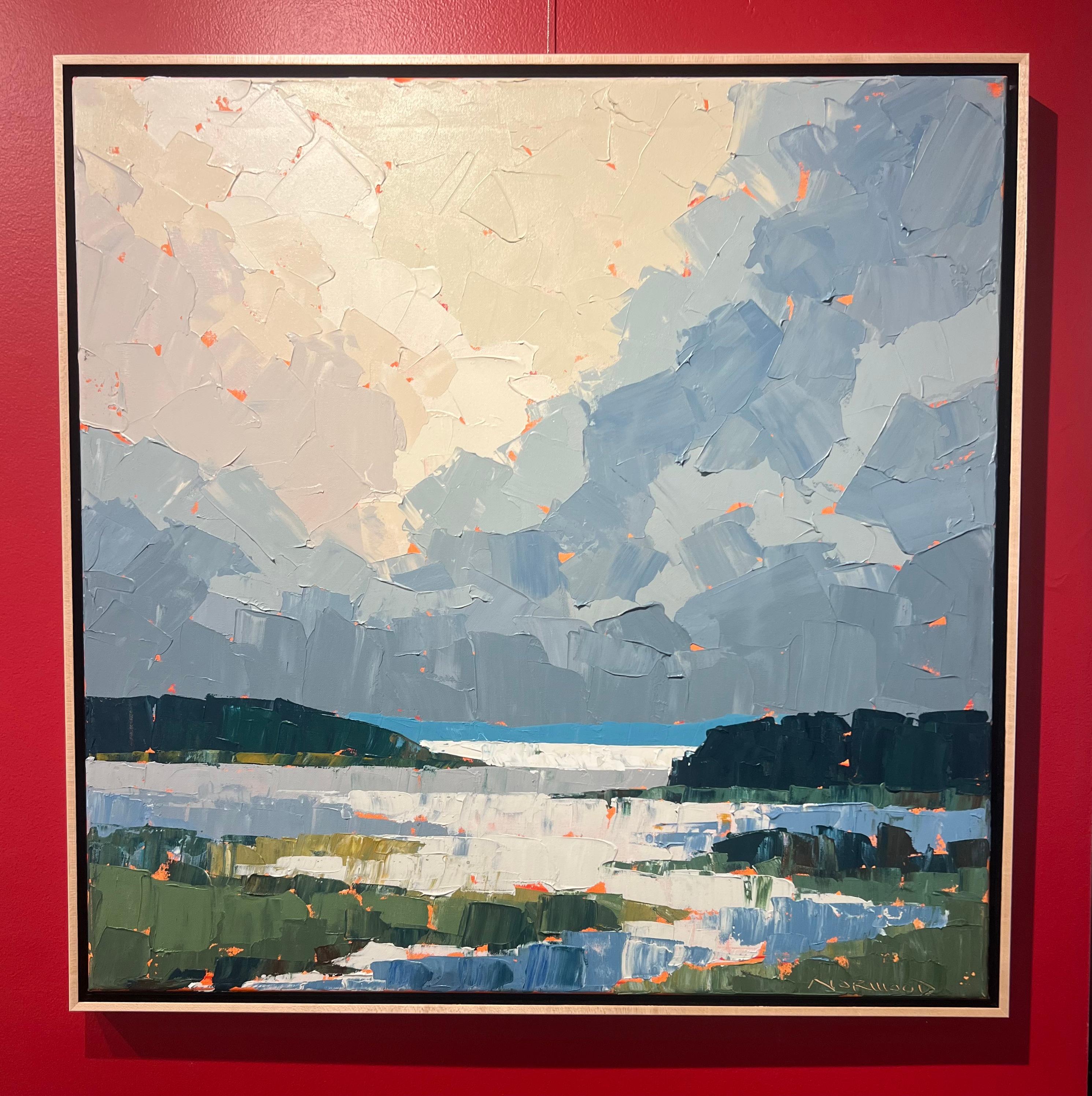 Peinture de paysage à l'empâtement acrylique « Blue Horizon » représentant des nuages sur des dunes et des eaux - Painting de Paul Norwood