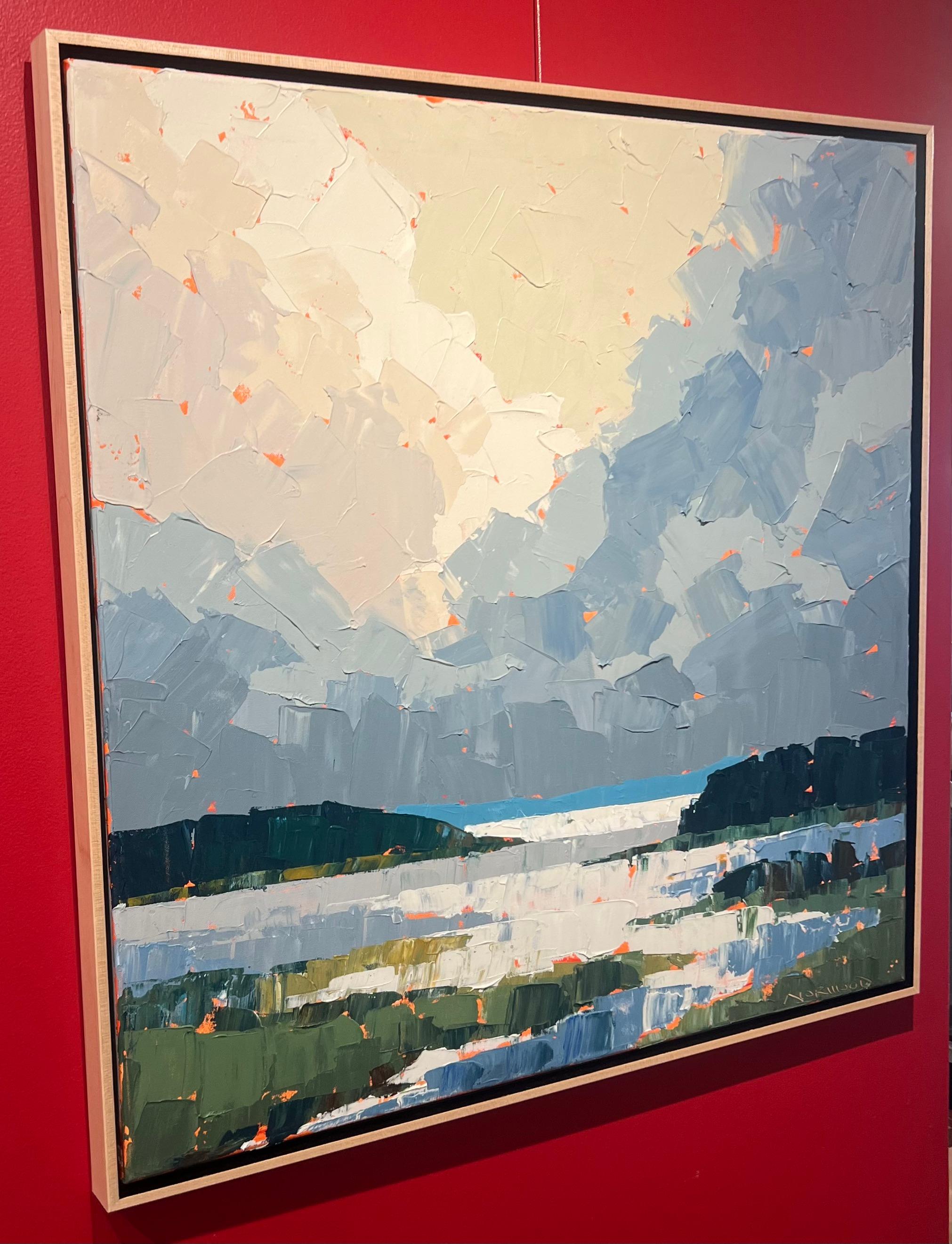 Peinture de paysage à l'empâtement acrylique « Blue Horizon » représentant des nuages sur des dunes et des eaux - Bleu Landscape Painting par Paul Norwood