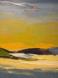 "Chilmark Colors" abstraktes Landschaftsgemälde mit gelbem Sonnenuntergang über blauem Meer