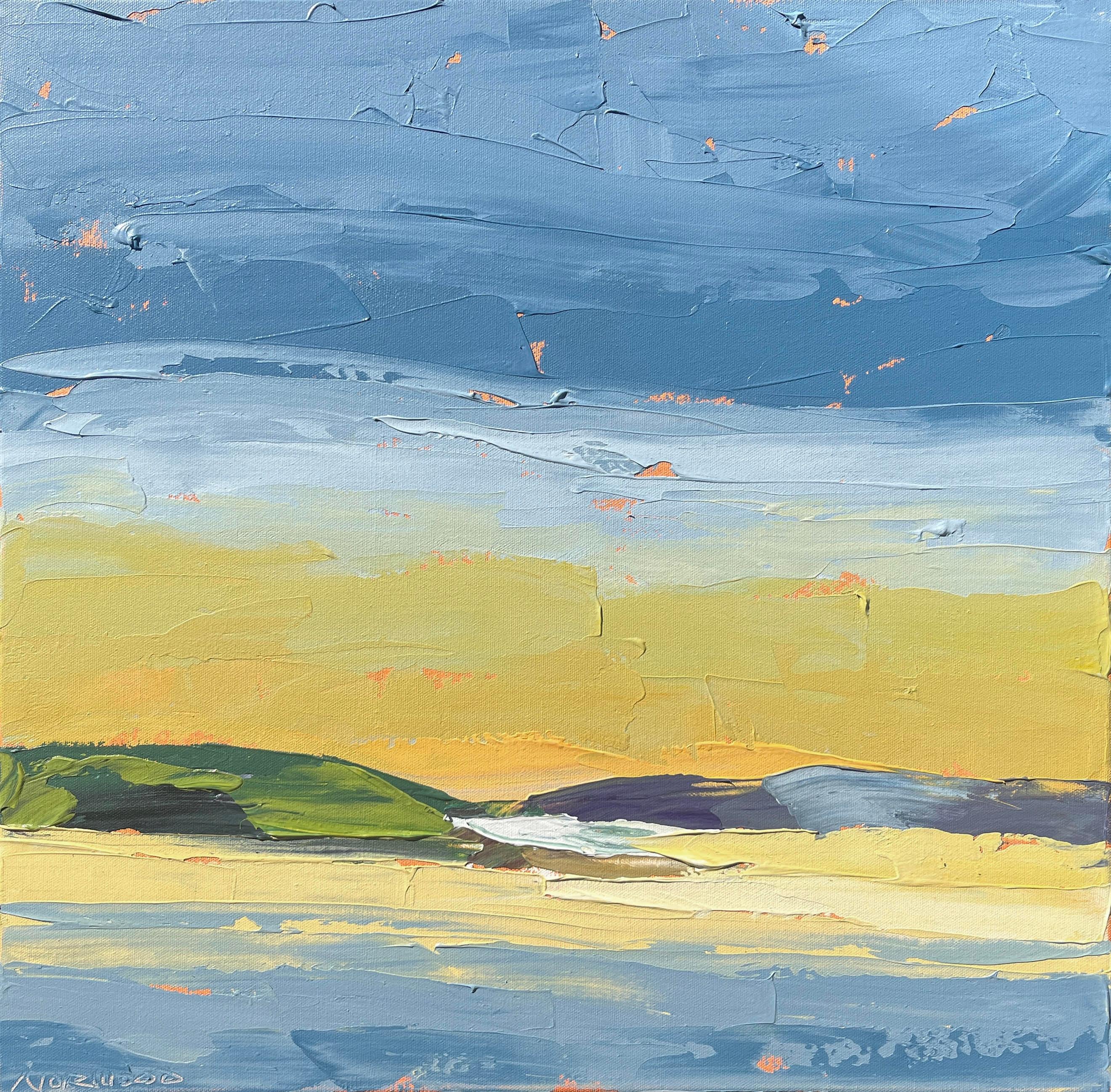 "Chilmark Colors" abstract landscape painting of yellow sunset above blue ocean