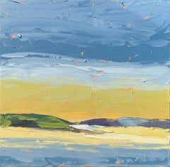 "Chilmark Colors" abstract landscape painting of yellow sunset above blue ocean