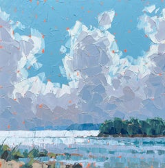 Clearing, une peinture acrylique de style empâté, très vivante, représentant les nuages en vol stationnaire.