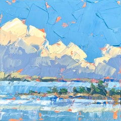 "Dusk on the Pond" impasto style acrylic painting of clouds over beach and dunes