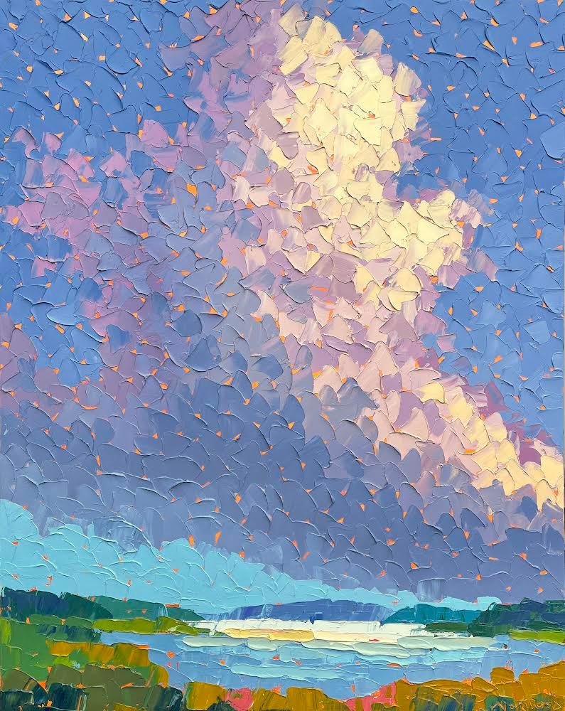 Paul Norwood Landscape Painting - “Evening of Fireworks”, depicting light and color focusing on an exploding cloud