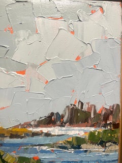 "Fall Chill" landscape, seascape, soft grey, light blue, palette knife, orange
