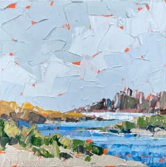 "Fall Chill" landscape, seascape, soft grey, light blue, palette knife, orange