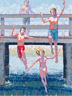 Vertikales Acrylgemälde „Free Falling“ mit Kindern, die von einer Brücke ins Wasser springen