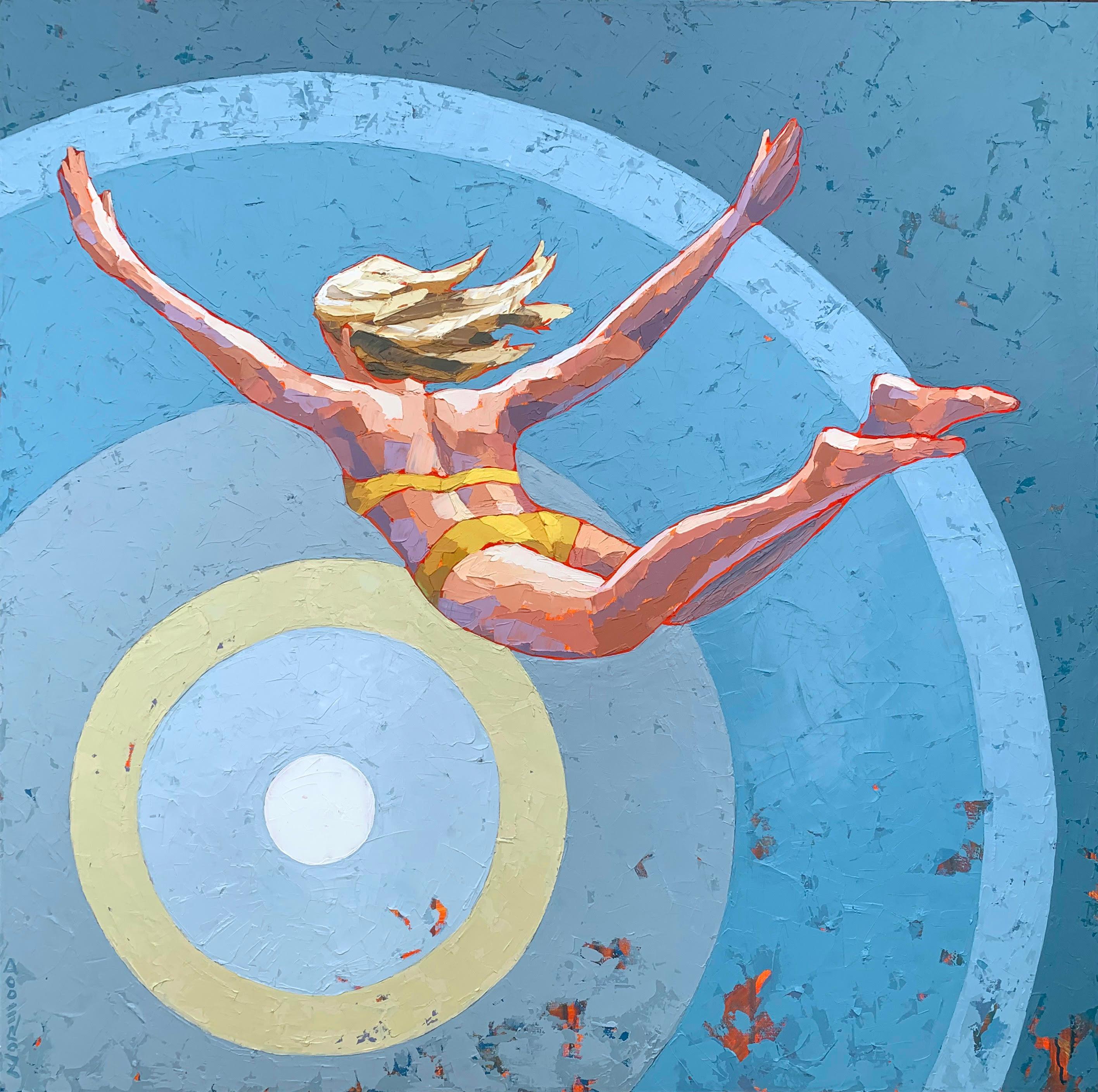 Paul Norwood Figurative Painting - "Freedom" acrylic impasto painting of woman, yellow bikini diving, blue bullseye