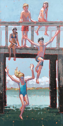 Peinture à l'impasto « Freefall » représentant des enfants sautant d'un pont vers l'eau bleue