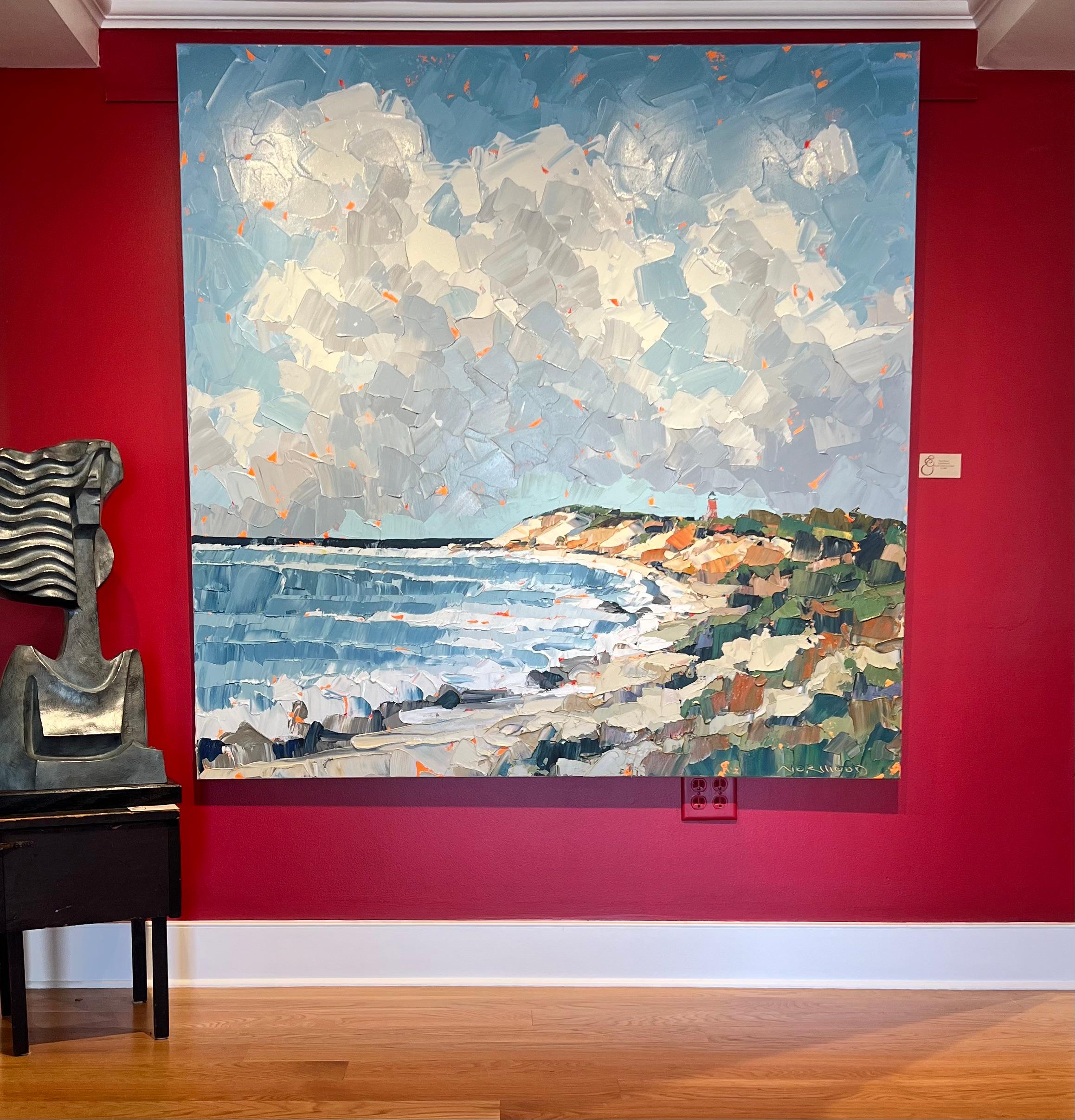 „Fresh Breeze“ Impasto-Acrylgemälde des Ozeans, von Klippen und blauem Himmel, Wolken – Painting von Paul Norwood