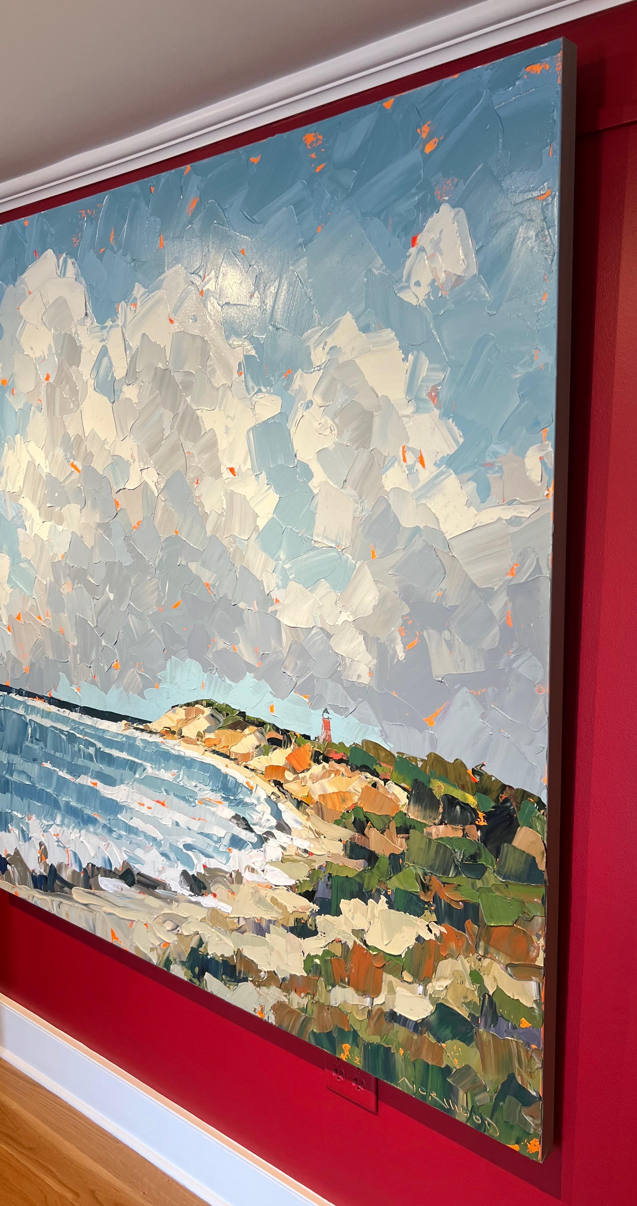 „Fresh Breeze“ Impasto-Acrylgemälde des Ozeans, von Klippen und blauem Himmel, Wolken (Blau), Abstract Painting, von Paul Norwood
