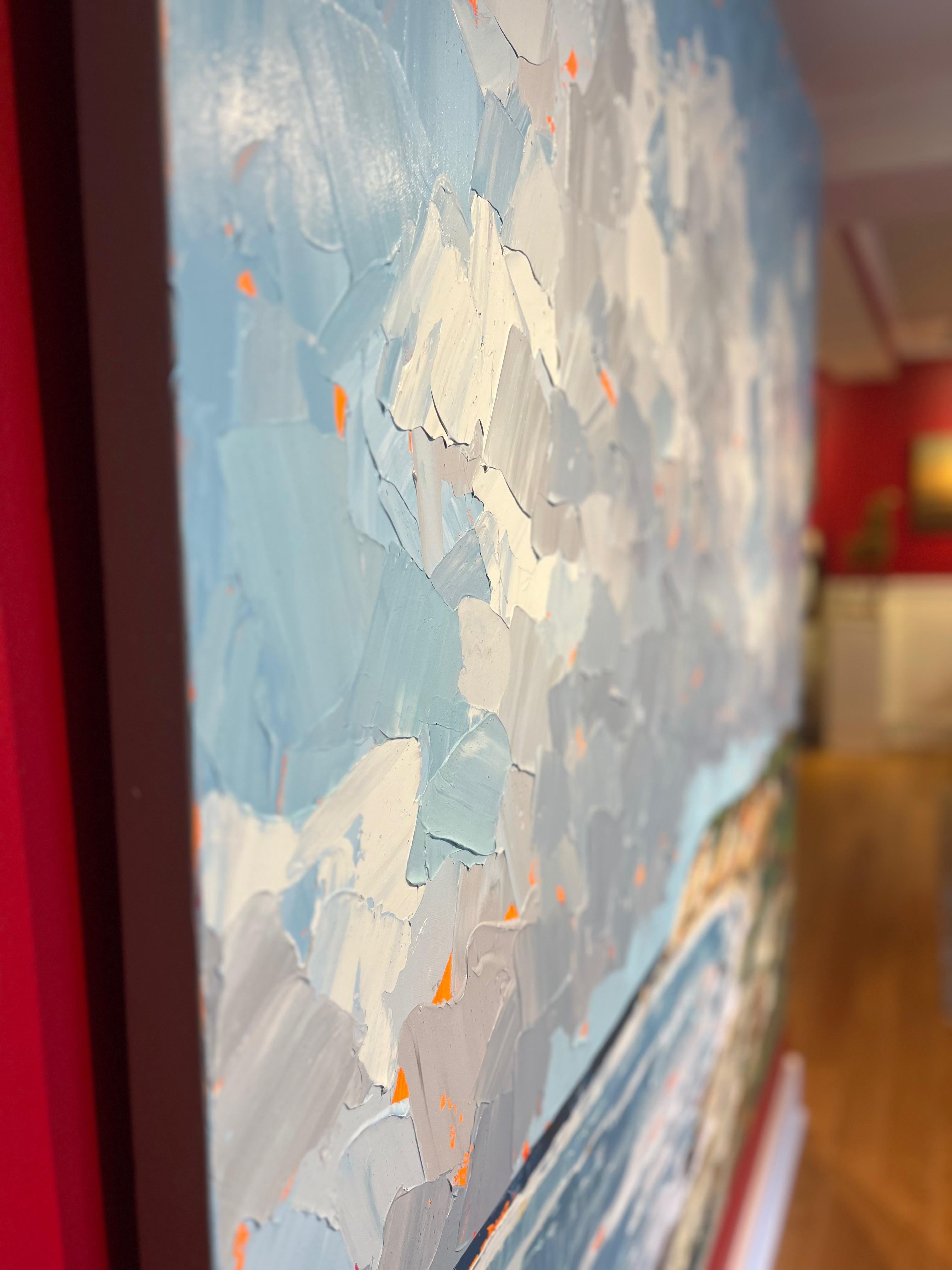 Peinture à l'empâtement acrylique « Fresh Breeze » représentant l'océan, les falaises et le ciel bleu, les nuages en vente 1