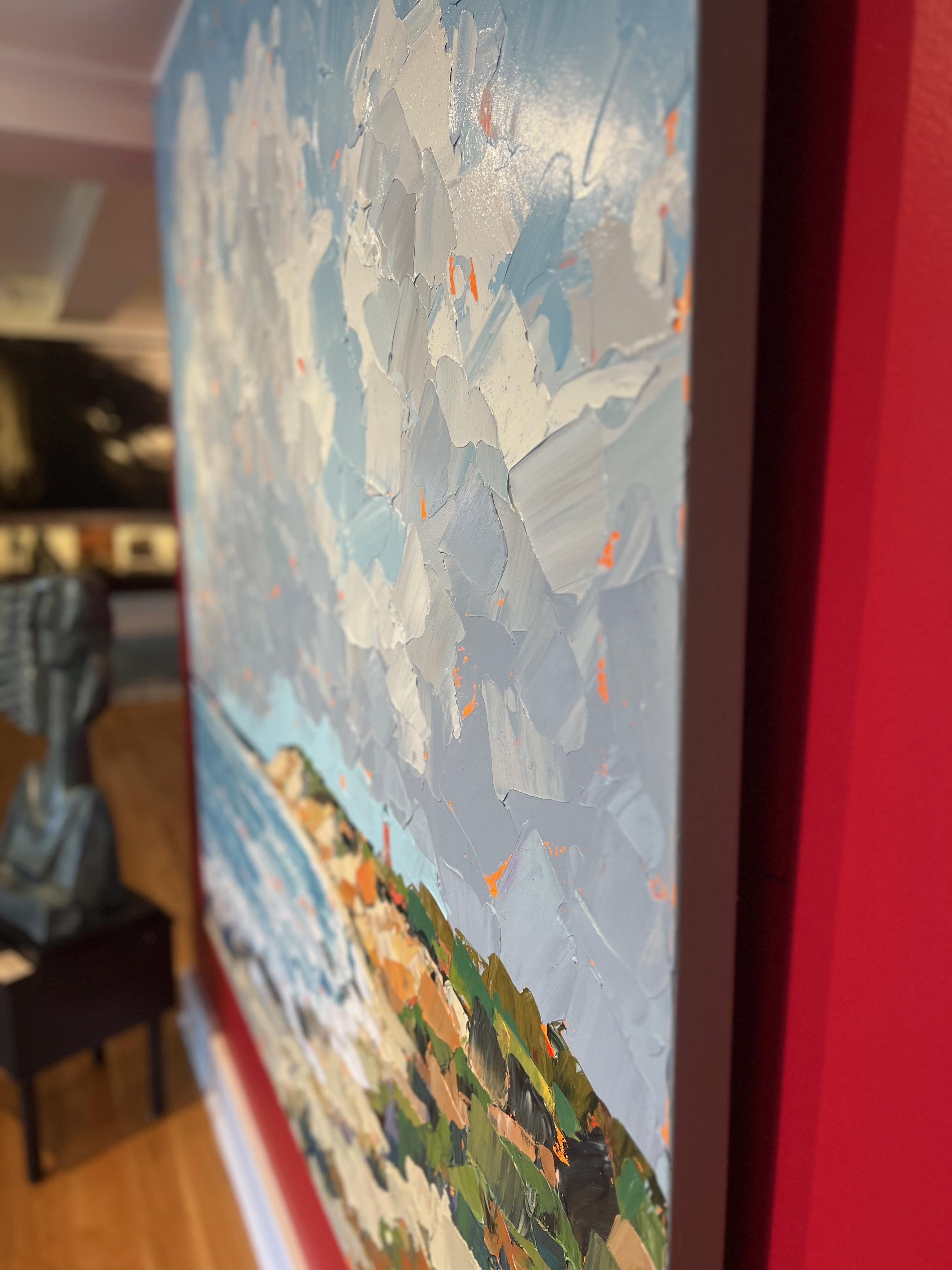 „Fresh Breeze“ Impasto-Acrylgemälde des Ozeans, von Klippen und blauem Himmel, Wolken im Angebot 2