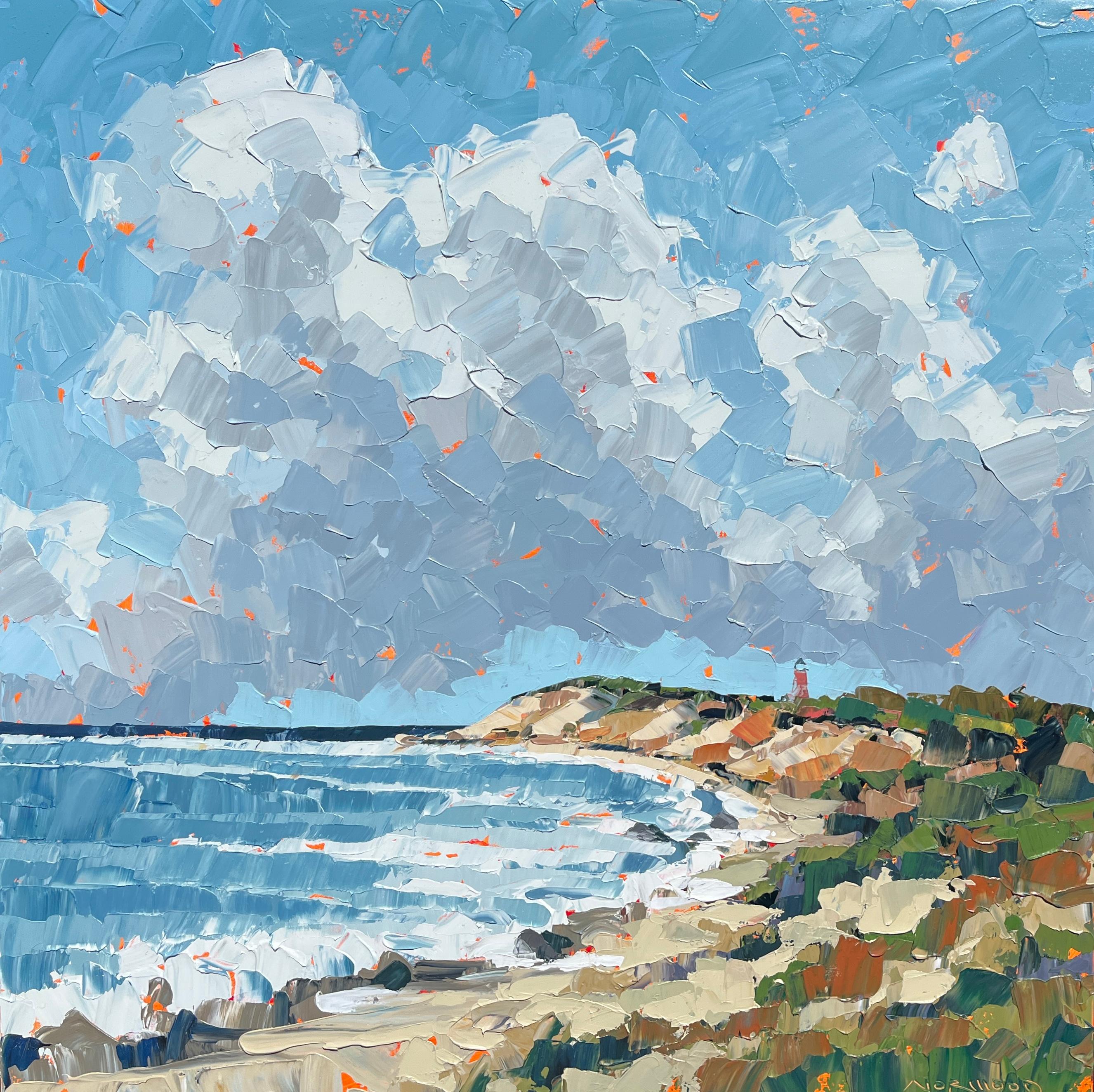 "Fresh Breeze" impasto acrylic painting of ocean, cliffs and blue sky, clouds