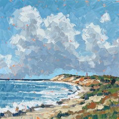 "Brezza fresca" dipinto ad impasto in acrilico di oceano, scogliere e cielo azzurro, nuvole