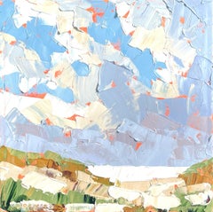 Peinture à l'acrylique « Listening Sea » représentant des dunes jaunes sur un ciel bleu.