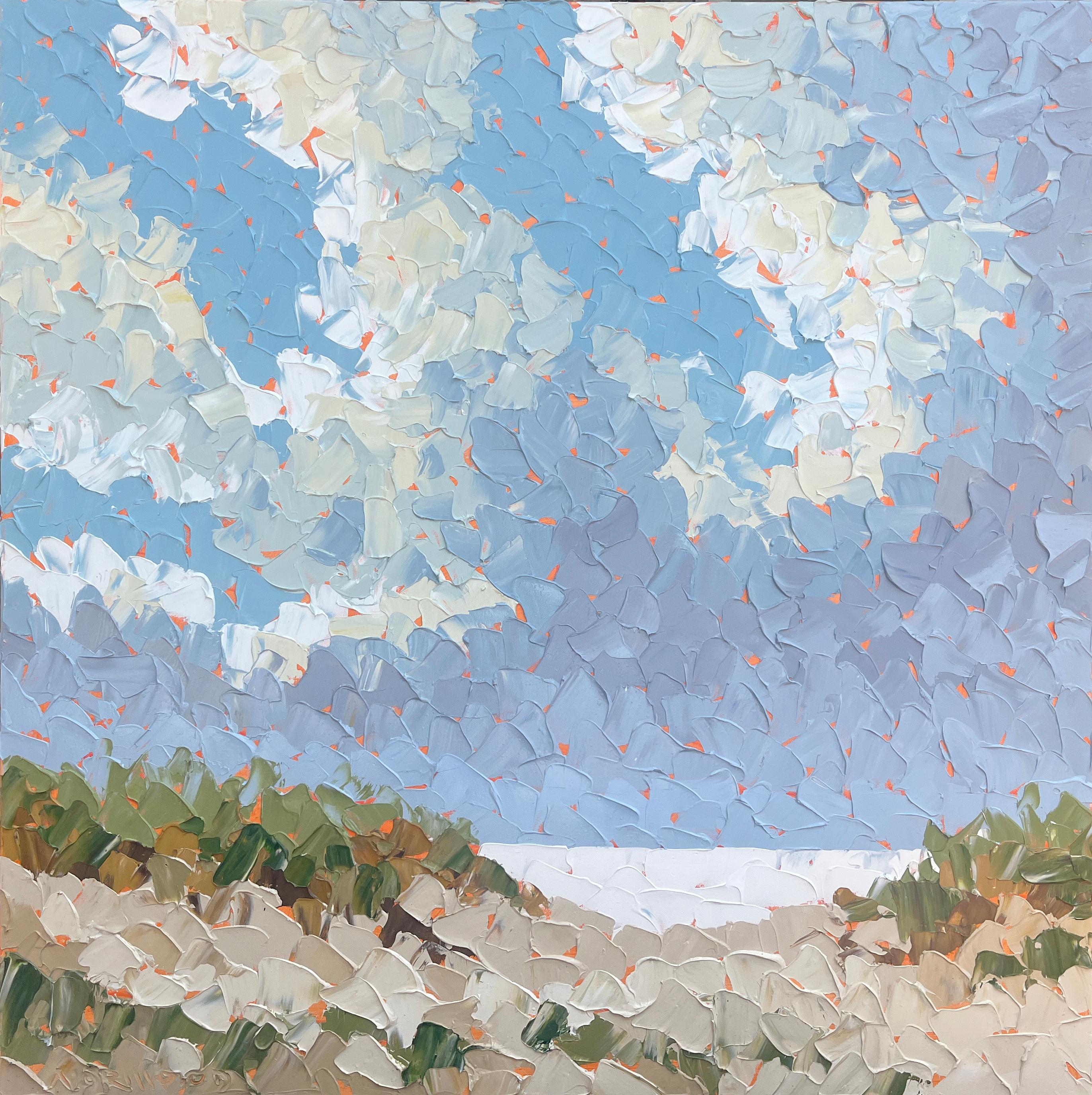 Paul Norwood Abstract Painting - "Glistening Sea" impasto painting of sunlit clouds above sand dunes