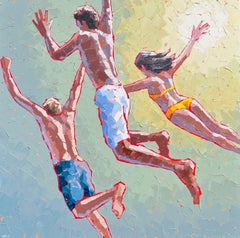 "Golden Hour" abstract figurative acrylic painting of kids in swimsuits jumping 