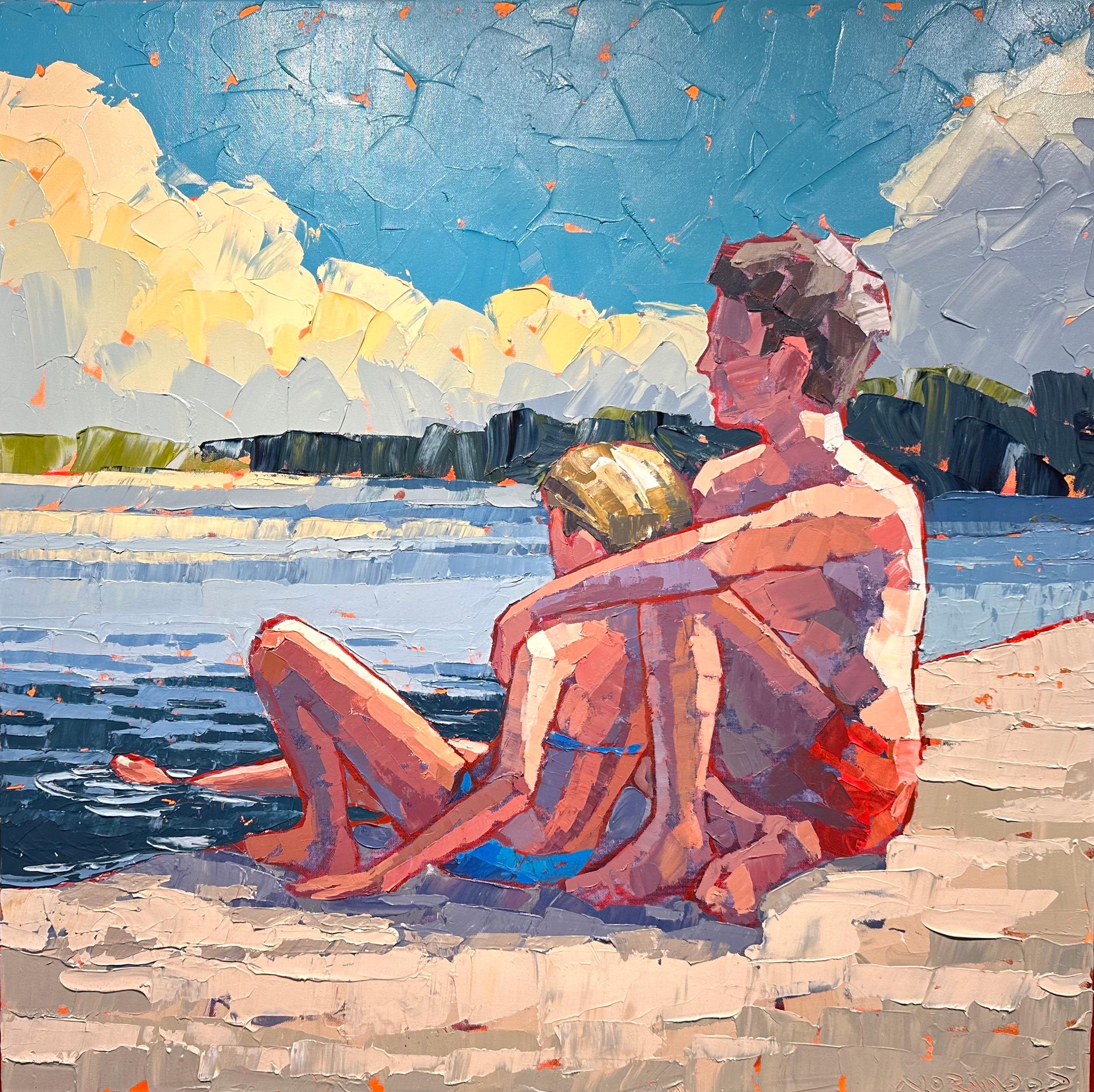 couple sitting on beach painting