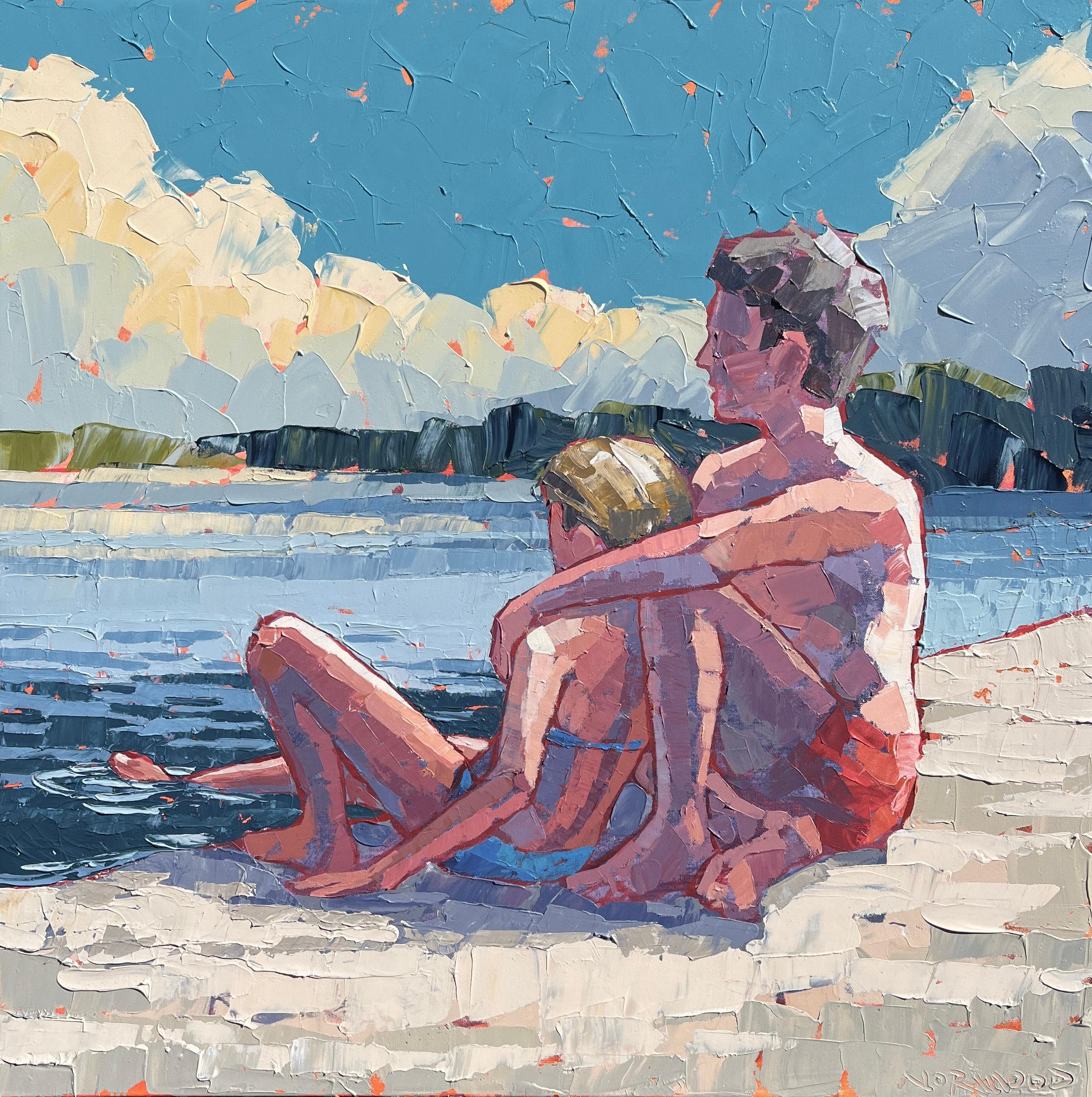 Paul Norwood Figurative Painting - "Golden Hour" acrylic painting of a couple sitting on a beach with clouds behind
