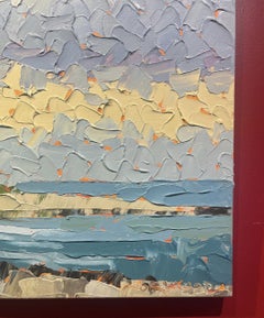 Pintura al impasto "Dorada": las nubes iluminadas por el sol descansan sobre el océano, iluminando la orilla