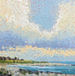 Quadro a impasto "Golden": le nuvole illuminate dal sole si posano sull'oceano, illuminando la costa