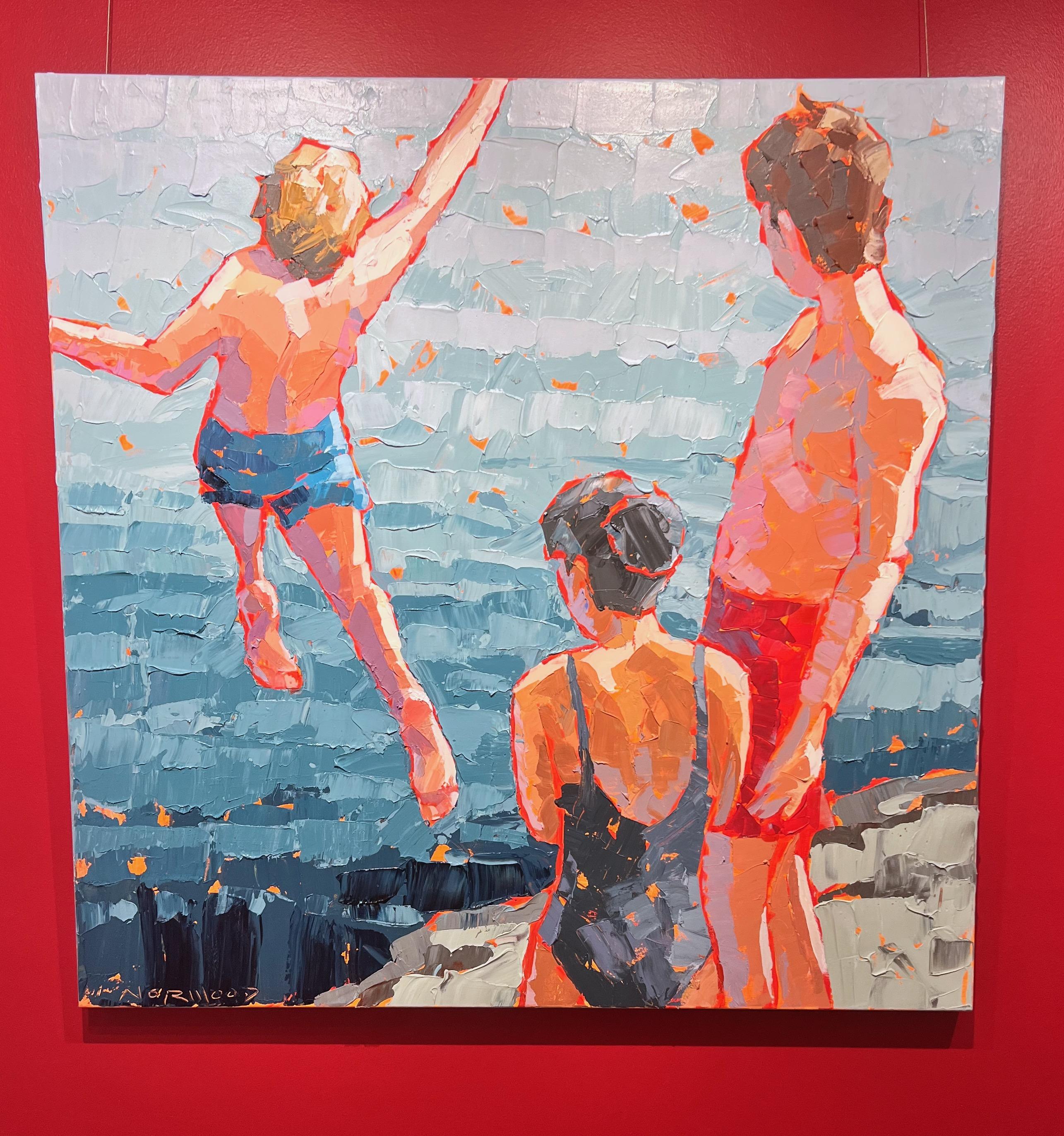 Peinture au couteau à palette en acrylique « Great Rock » représentant des enfants sautant dans de l'eau bleue - Painting de Paul Norwood