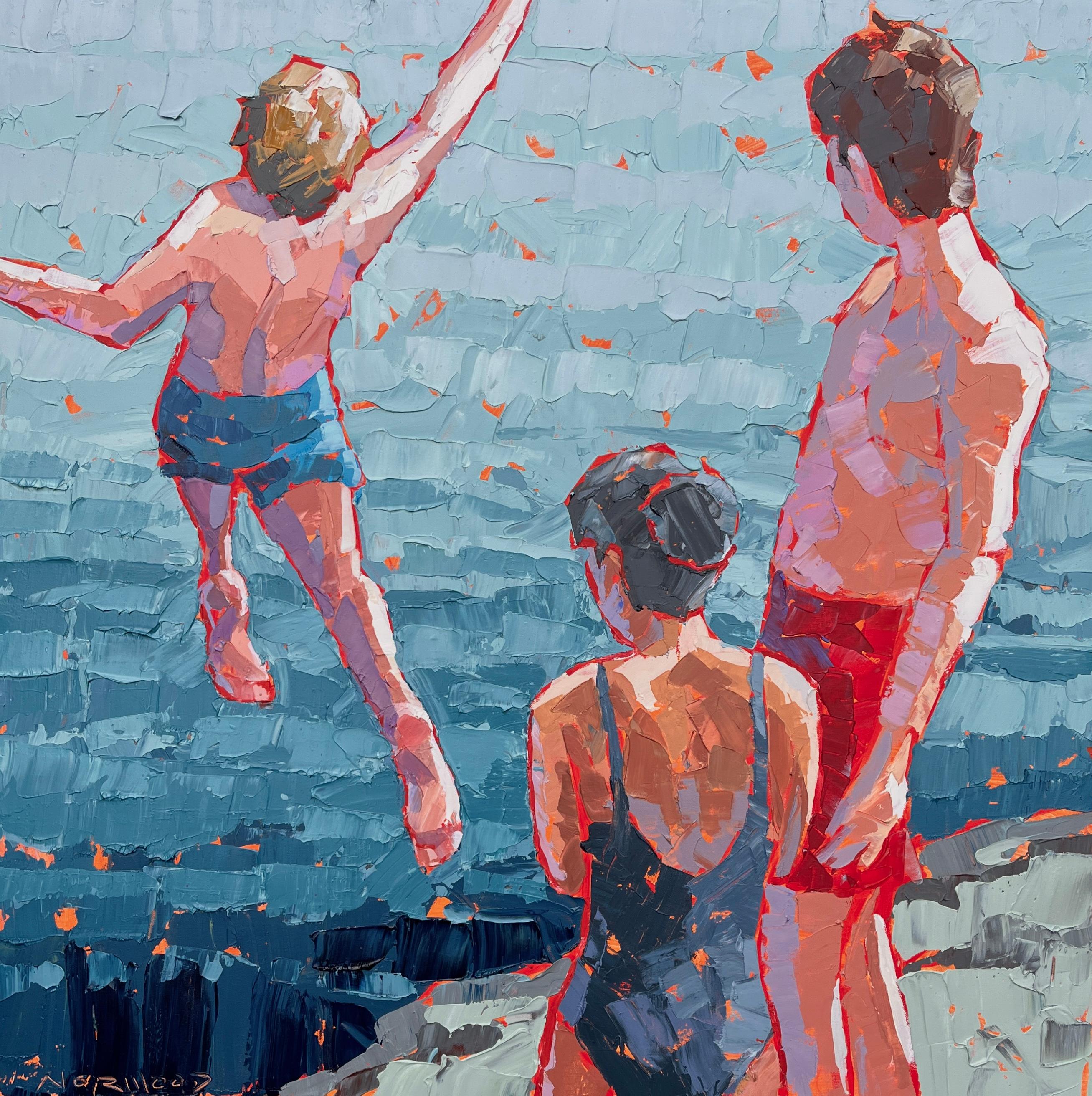 Paul Norwood Figurative Painting - "Great Rock" acrylic palette knife painting of kids jumping into blue water