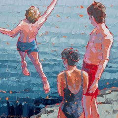 "Great Rock" acrylic palette knife painting of kids jumping into blue water