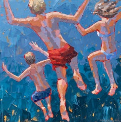 Abstraktes Acryl „Into the Blue“ mit 3 blonden Kindern, die in ein blaues Meer springen.
