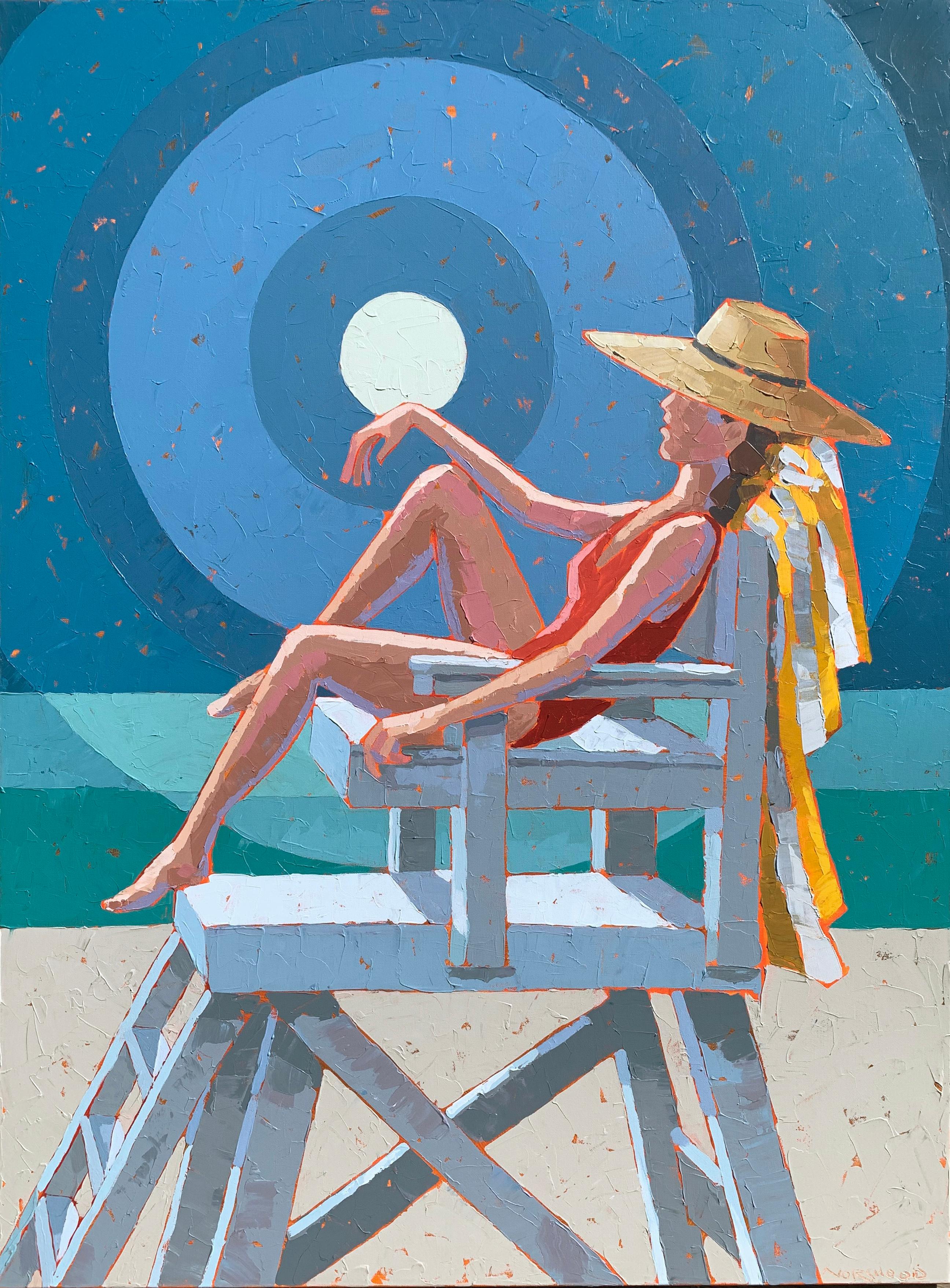 Paul Norwood Figurative Painting - "Keeping Watch" acrylic painting of a woman in a red swimsuit on a beach chair