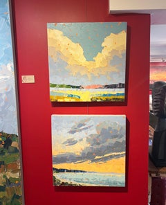 "Lambert's Cove" abstract landscape painting: orange sunset over blue beach