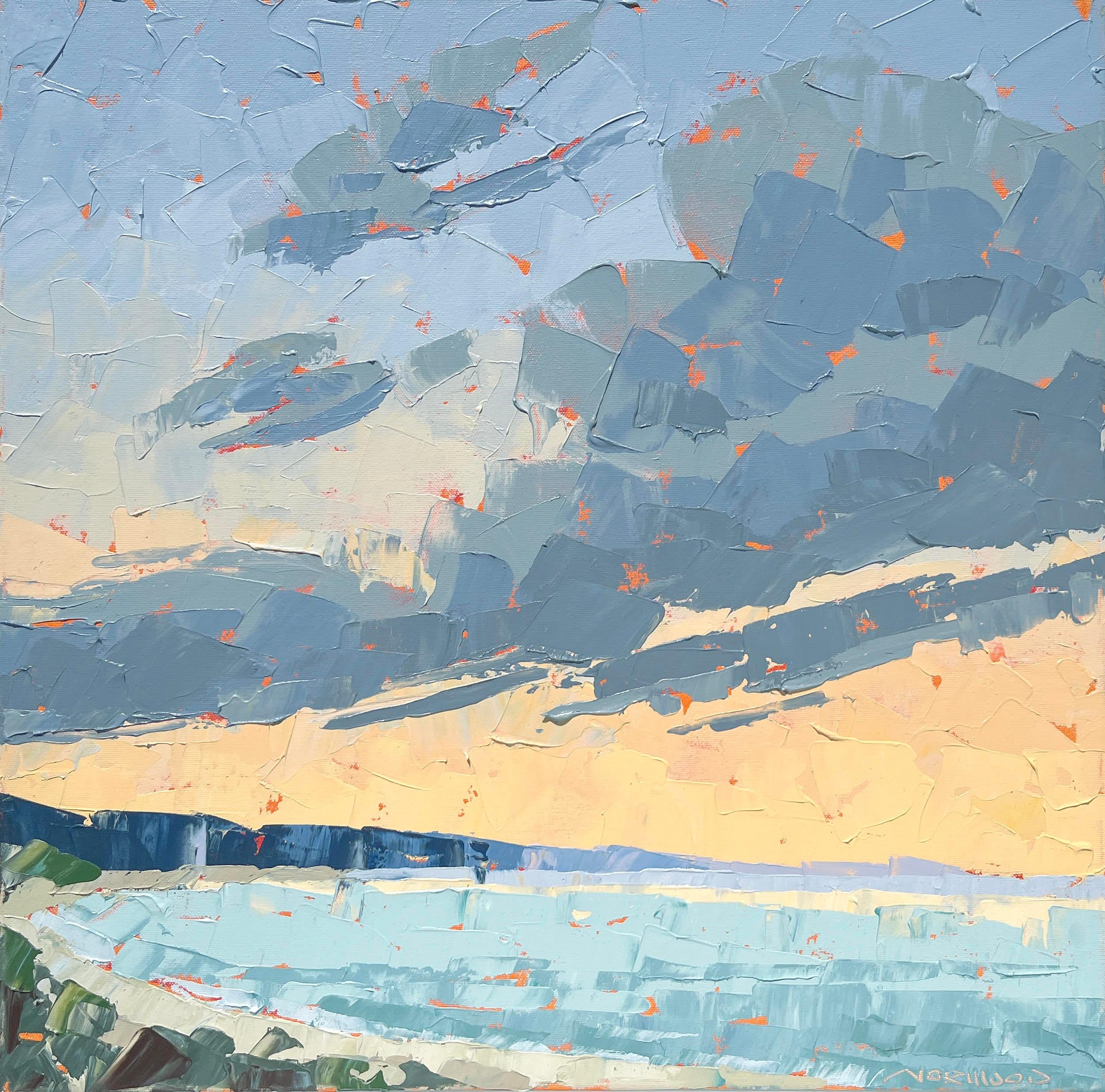 "Lambert's Cove" abstract landscape painting: orange sunset over blue beach