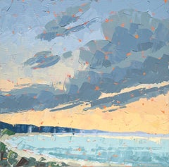 "Lambert's Cove" abstract landscape painting: orange sunset over blue beach
