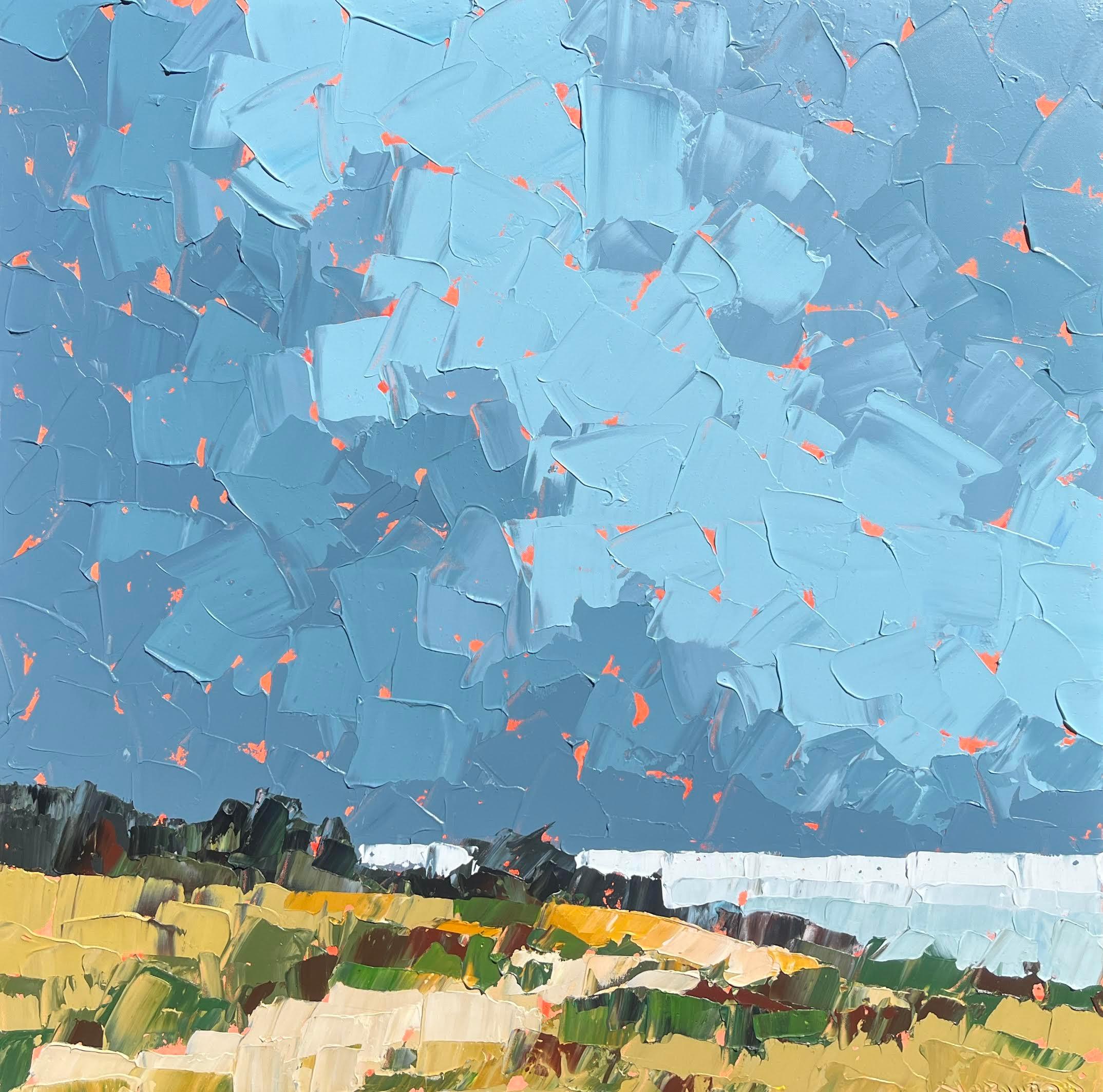 Landscape Painting de Paul Norwood - "Finales de agosto" paisaje acrílico abstracto de un camino sobre el agua, nubes de tormenta