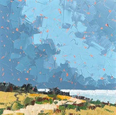 "Fine agosto" paesaggio astratto in acrilico di un sentiero sull'acqua, nuvole temporalesche