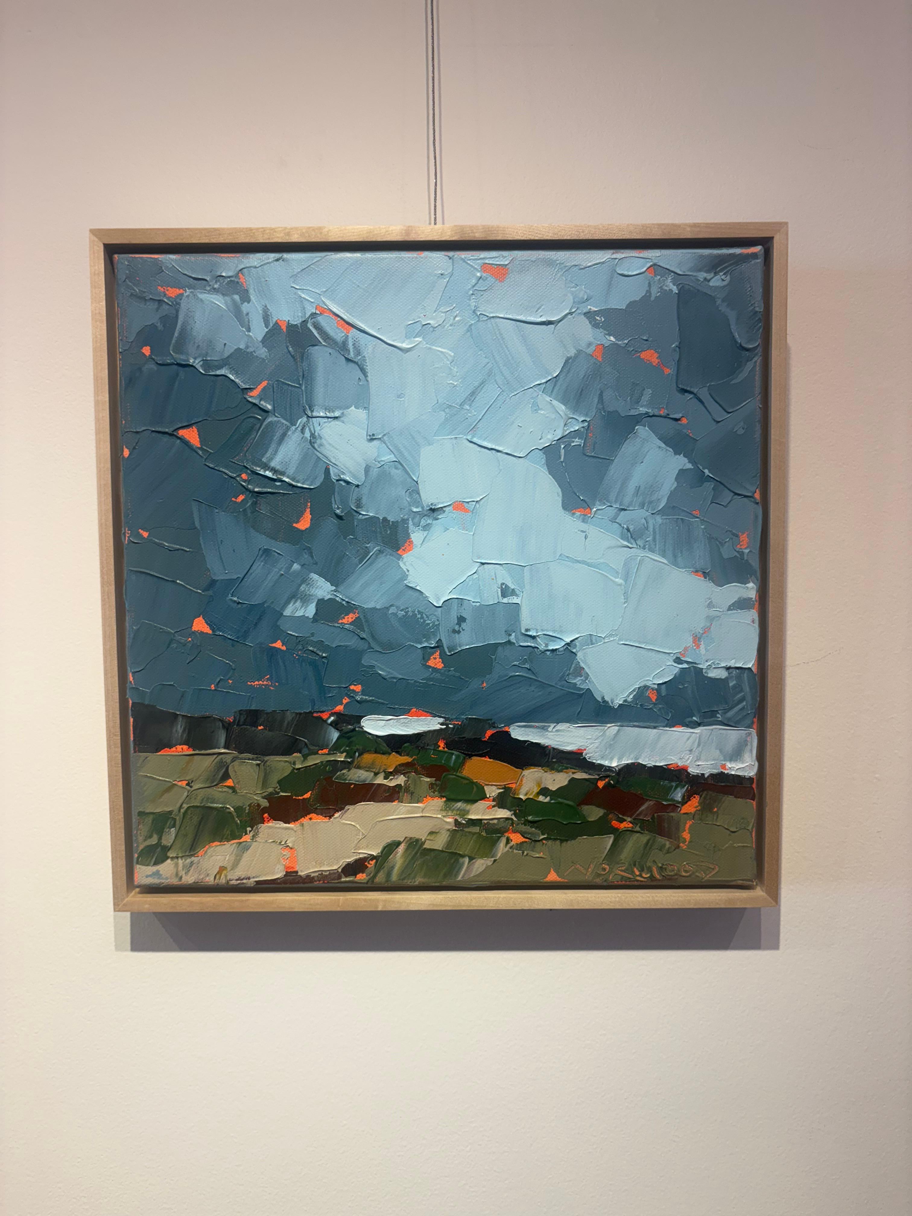 « La fin de l'étude d'août » Peinture acrylique épaisse représentant un rivage avec un ciel gris orageux. - Painting de Paul Norwood