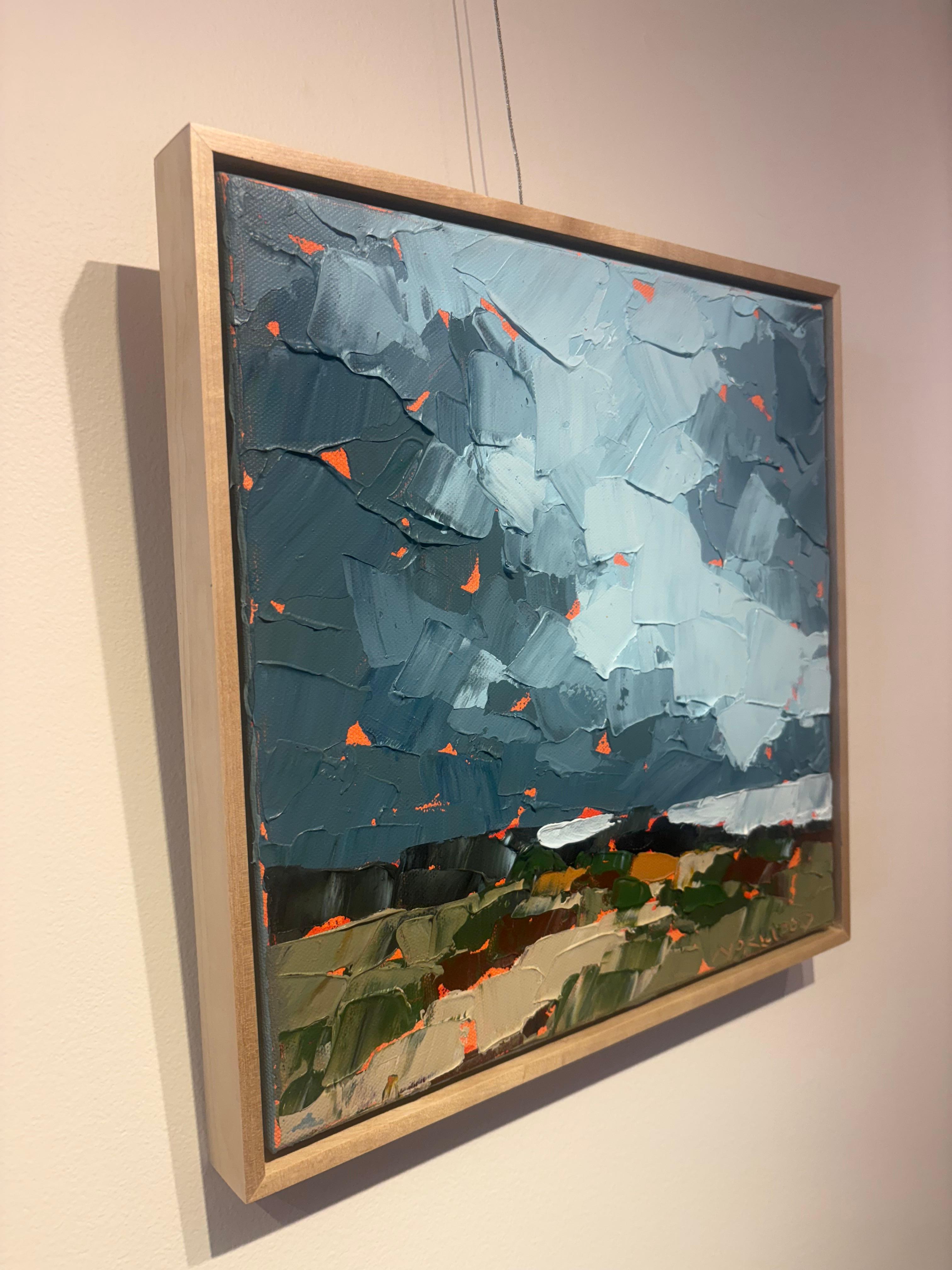 « La fin de l'étude d'août » Peinture acrylique épaisse représentant un rivage avec un ciel gris orageux. - Contemporain Painting par Paul Norwood