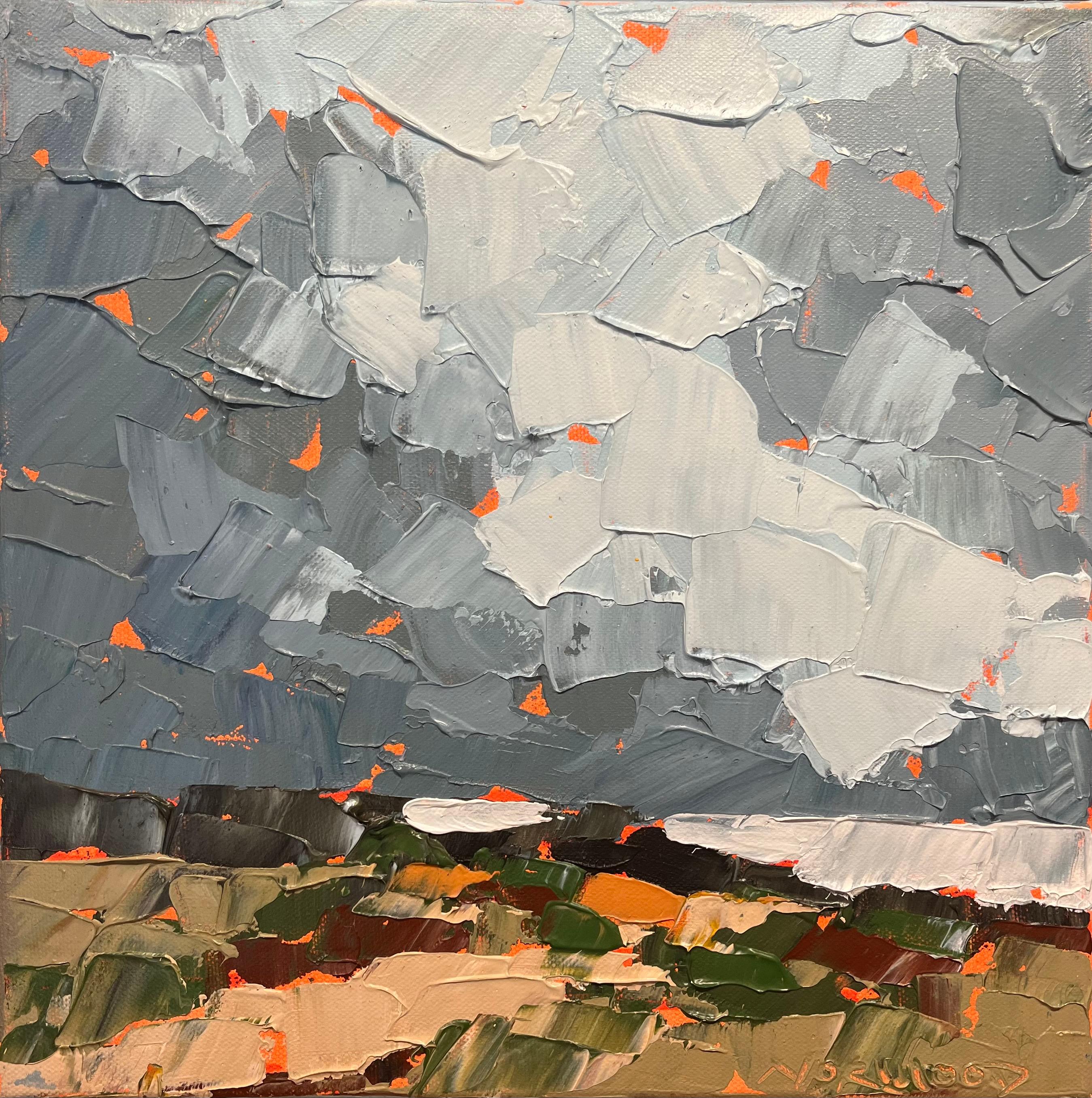 Landscape Painting di Paul Norwood - "Studio di fine agosto" Dipinto acrilico di grande spessore raffigurante la costa con un cielo grigio e tempestoso.