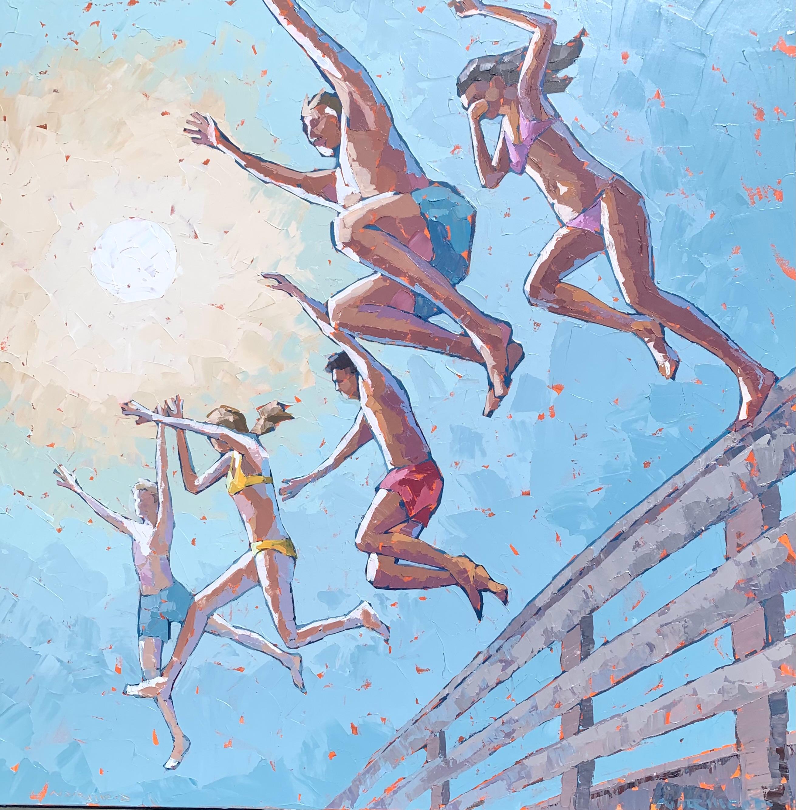 Paul Norwood Figurative Painting - "Letting Go" abstract acrylic painting of four kids in swimsuits jumping in sun