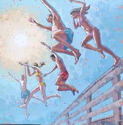 "Letting Go" abstract acrylic painting of four kids in swimsuits jumping in sun