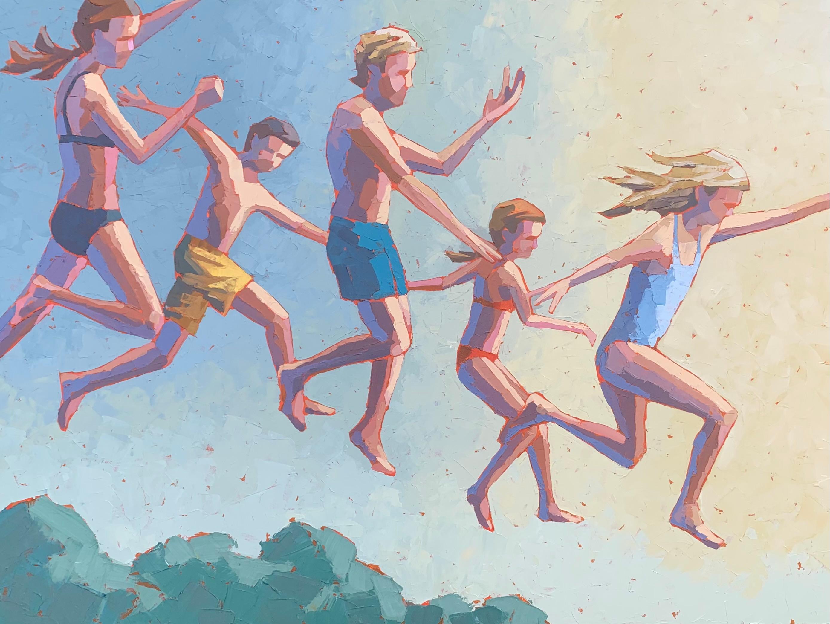 Paul Norwood Figurative Painting - "Look Out Below" acrylic painting of five children in mid jump