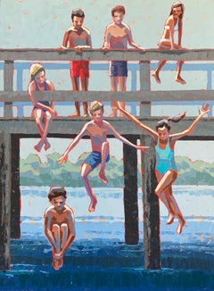 "Lookers and Leapers" acrylic painting of children leaping into the blue ocean