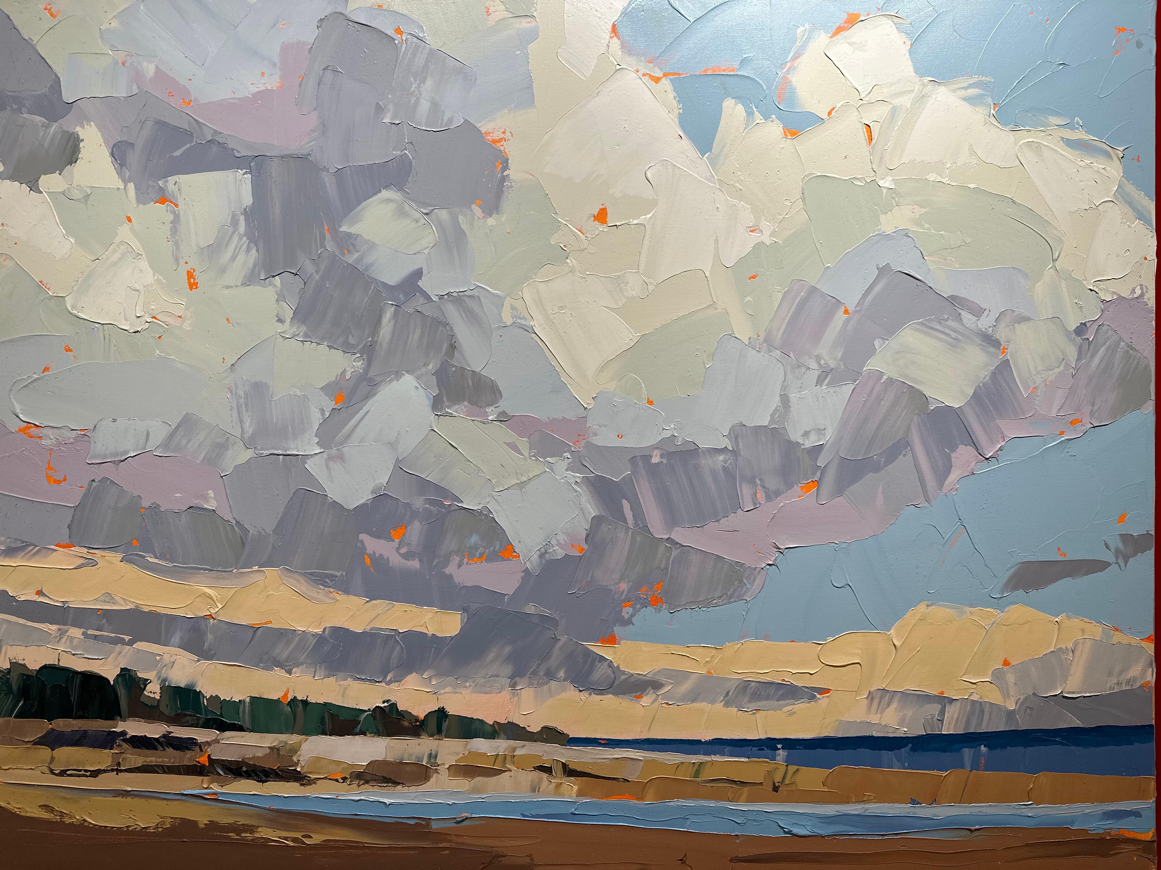 « Low Tide », couteau à palette abstraite, paysage en acrylique représentant des nuages au-dessus du rivage  - Painting de Paul Norwood