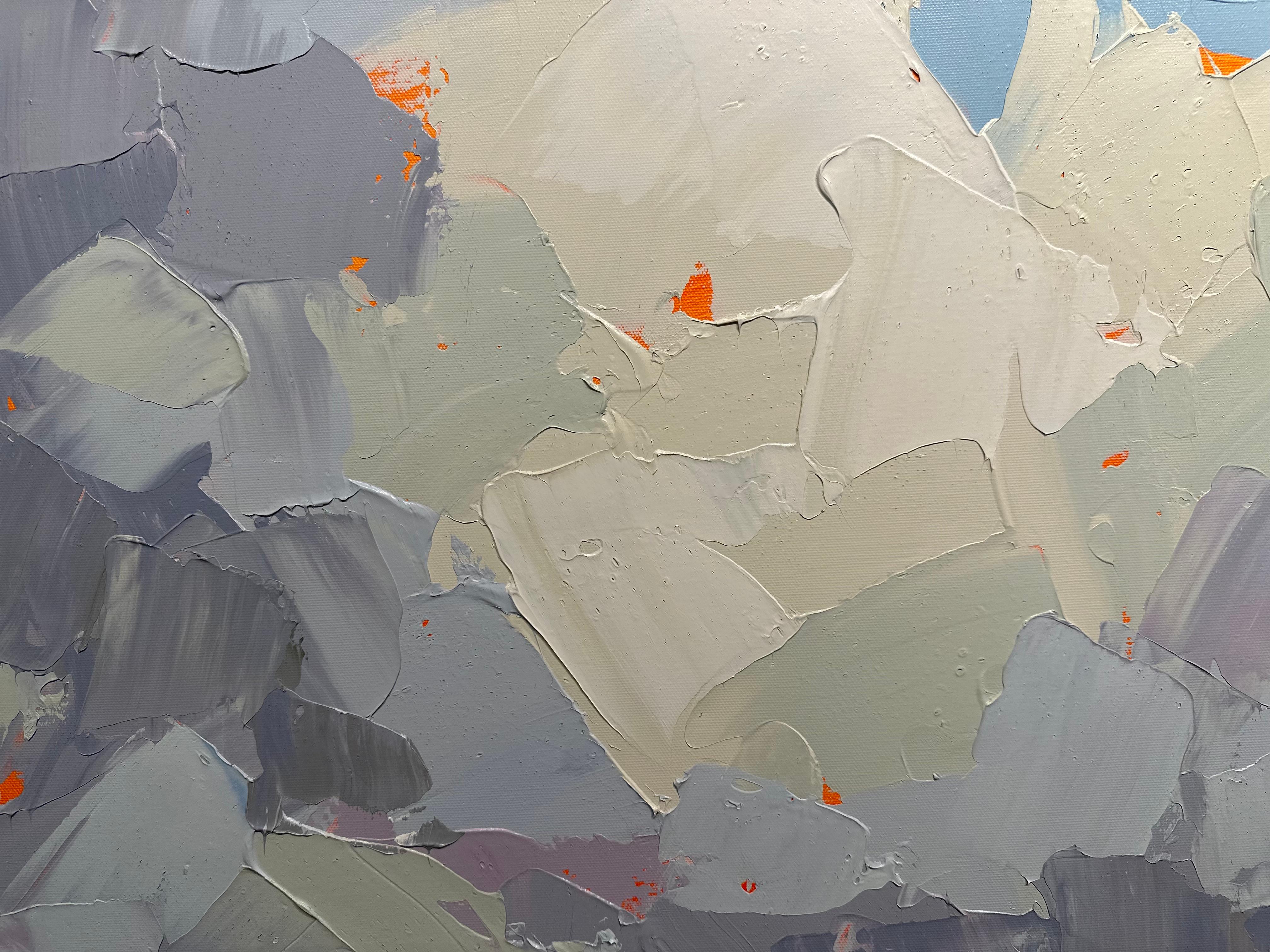« Low Tide », couteau à palette abstraite, paysage en acrylique représentant des nuages au-dessus du rivage  en vente 1