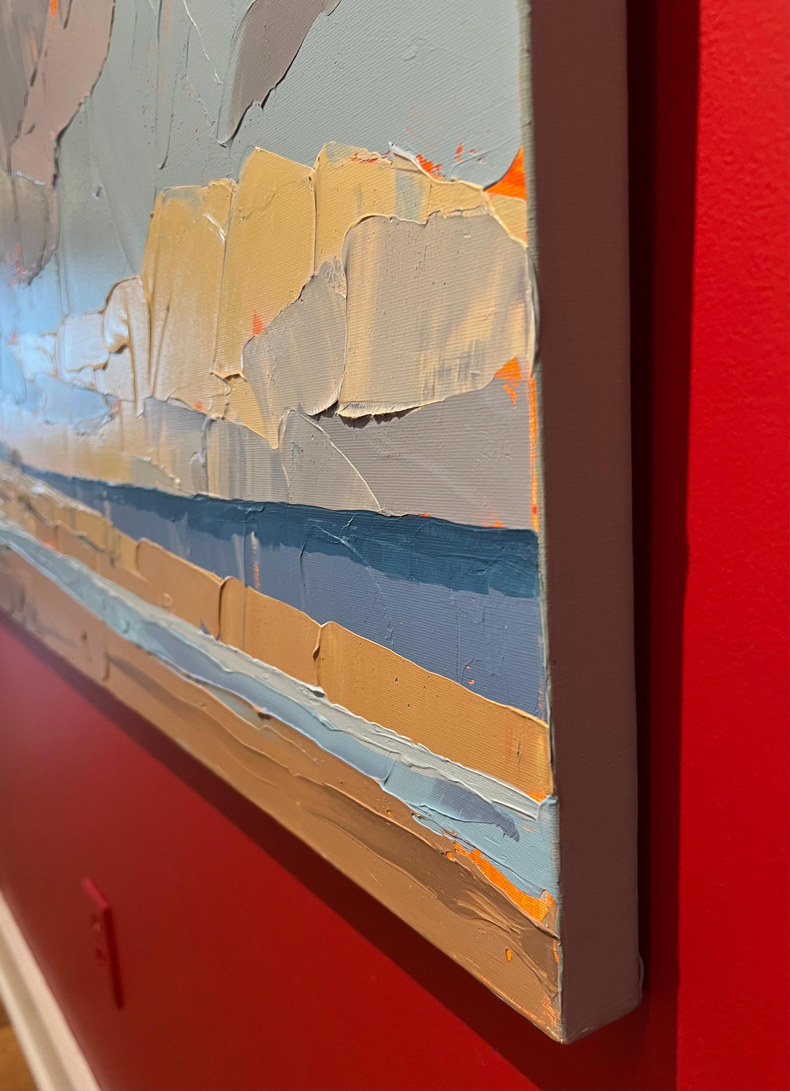 « Low Tide », couteau à palette abstraite, paysage en acrylique représentant des nuages au-dessus du rivage  en vente 2